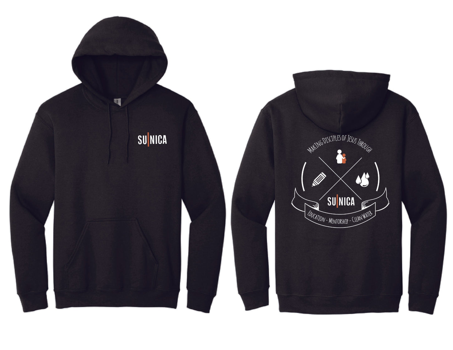 Black hoodie with white text and graphics on a white background
