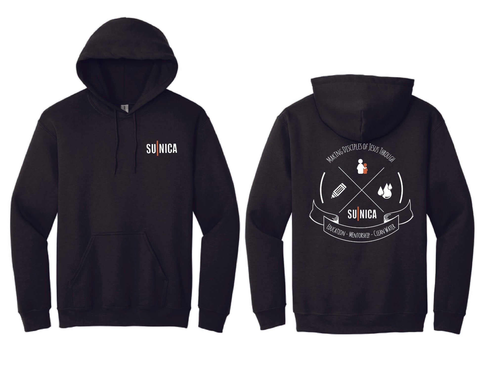 Black hoodie with white text and graphics on a white background