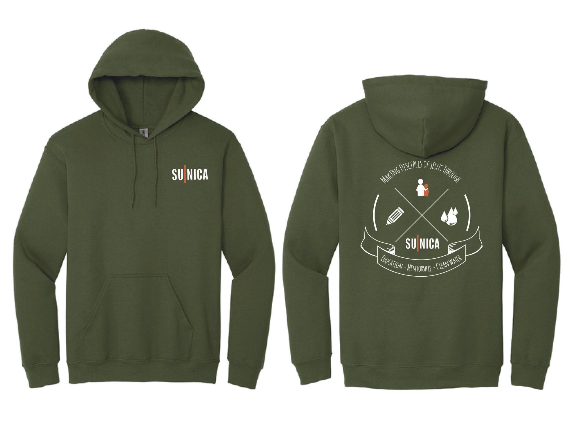 Green hoodie with 'SUNICA' branding on front and back design.