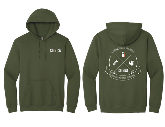 Green hoodie with 'SUNICA' branding on front and back design.